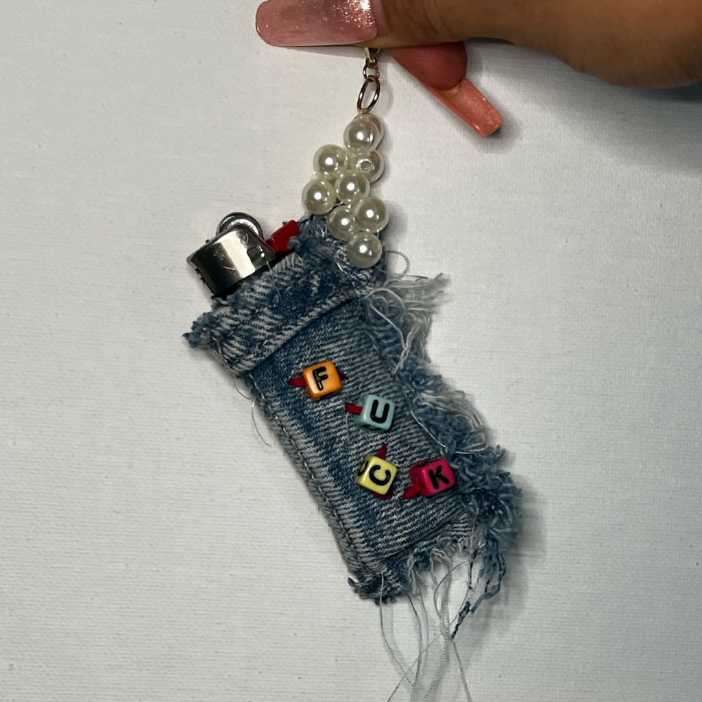 Denim Lighter/Lip Stick Holder With Beaded Keychain